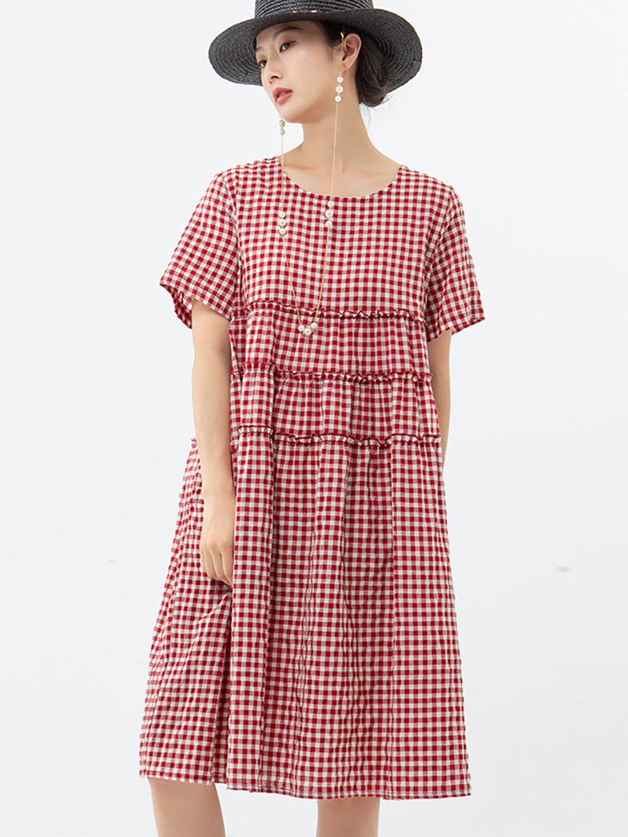 Übergröße, 100 % Baumwolle, kurzärmliges kariertes Kleid