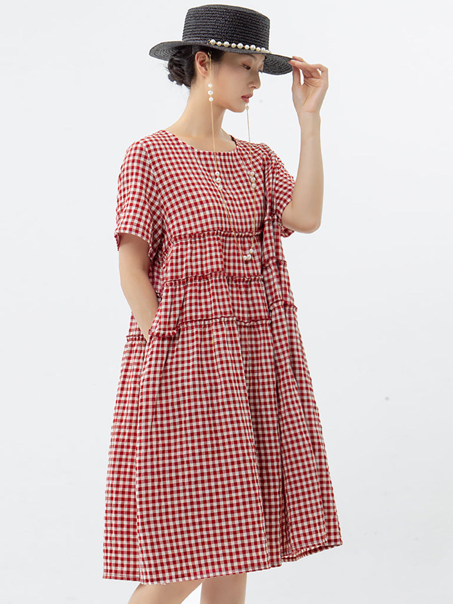 Übergröße, 100 % Baumwolle, kurzärmliges kariertes Kleid