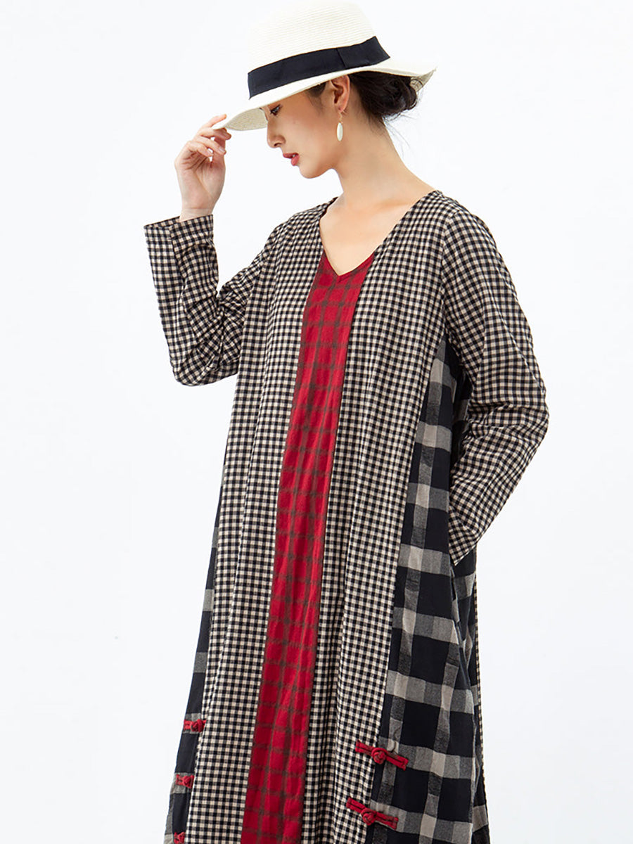 Übergröße, verschiedenfarbiges kariertes Retro-Kleid aus Baumwollleinen