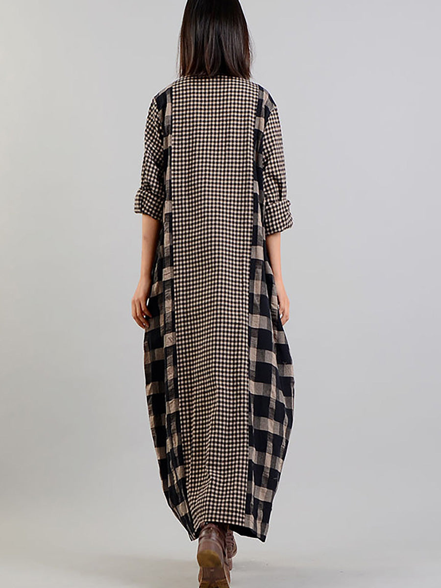 Übergröße, verschiedenfarbiges kariertes Retro-Kleid aus Baumwollleinen
