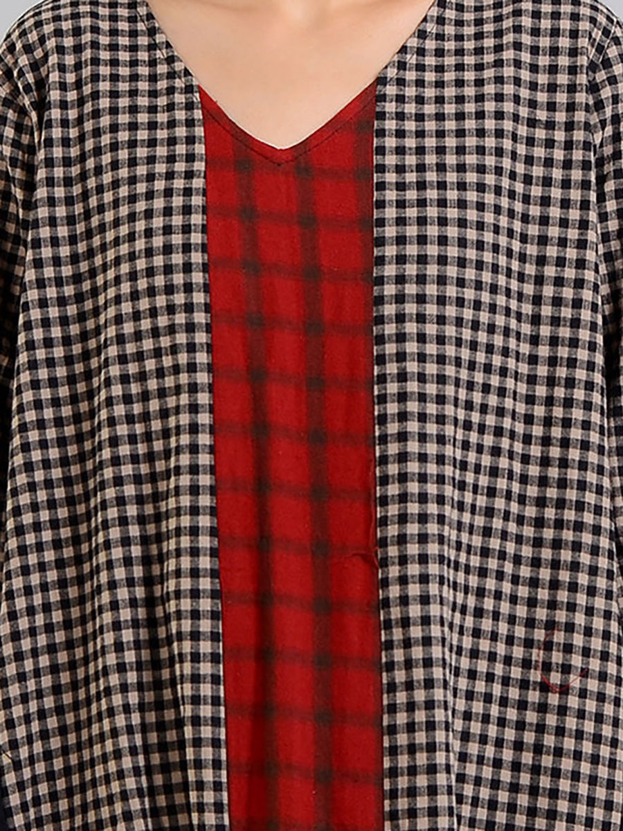 Übergröße, verschiedenfarbiges kariertes Retro-Kleid aus Baumwollleinen