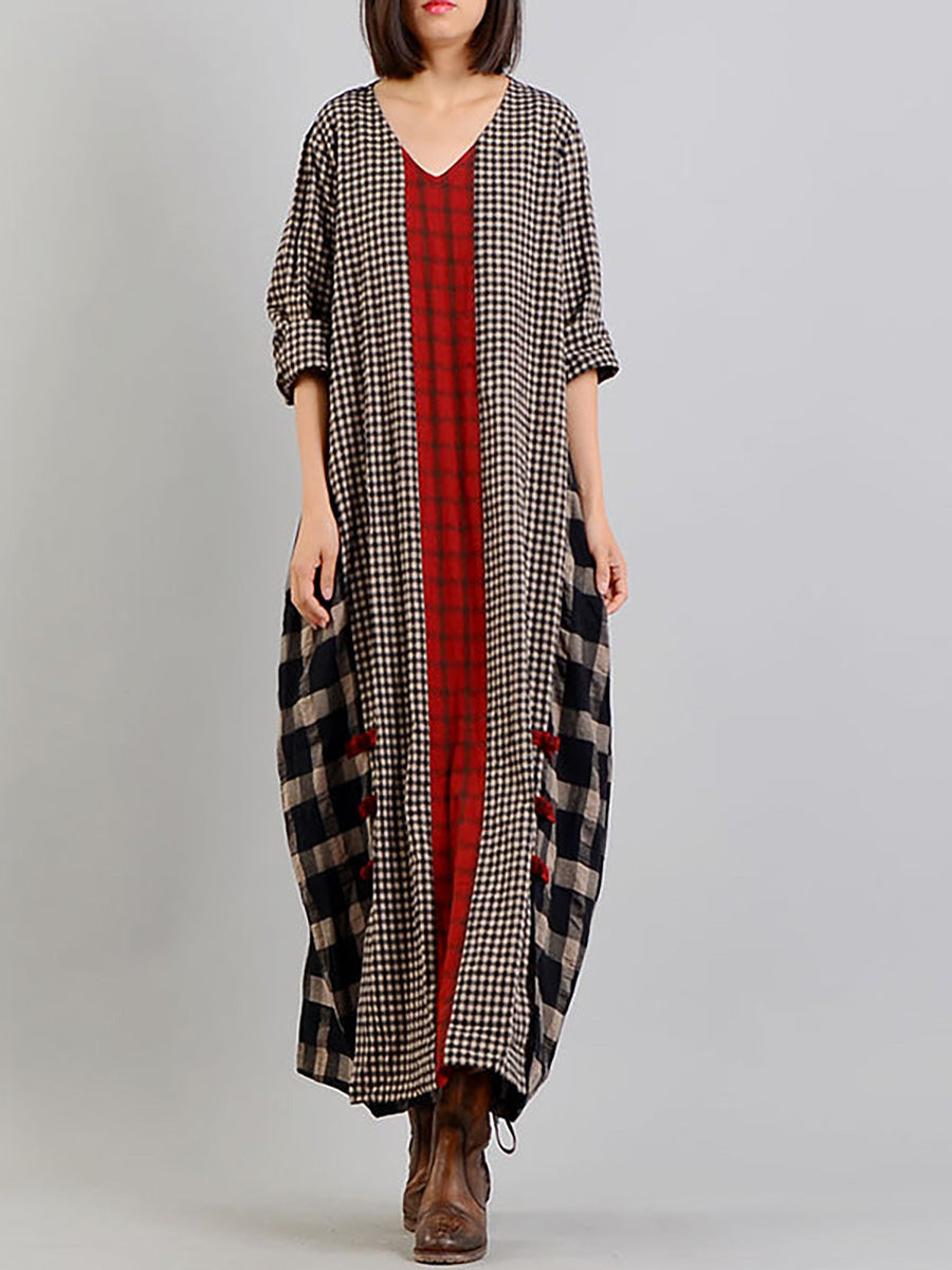 Übergröße, verschiedenfarbiges kariertes Retro-Kleid aus Baumwollleinen