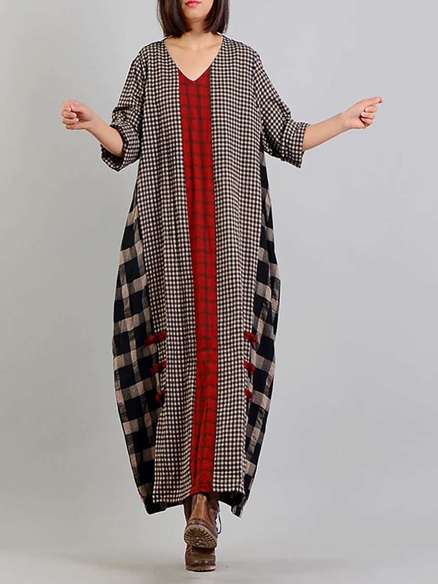 Übergröße, verschiedenfarbiges kariertes Retro-Kleid aus Baumwollleinen