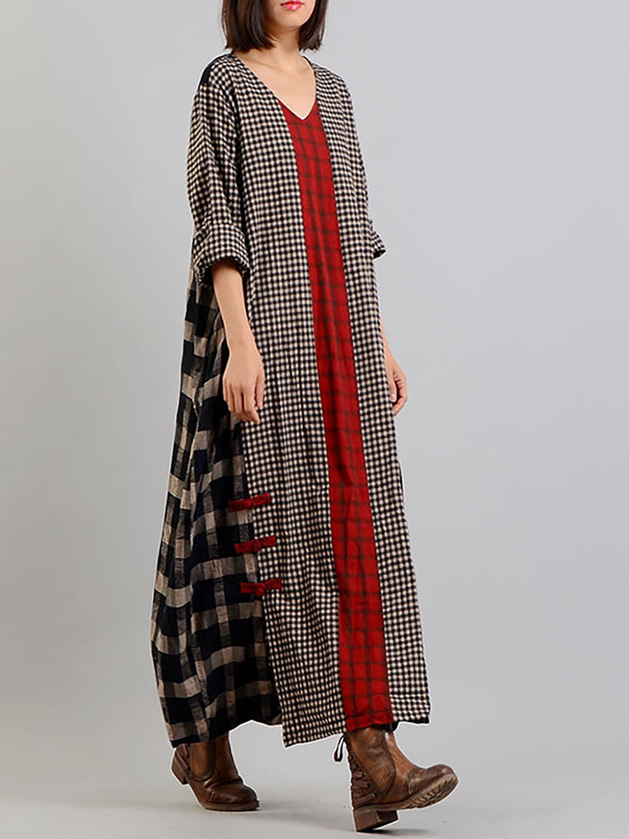 Übergröße, verschiedenfarbiges kariertes Retro-Kleid aus Baumwollleinen
