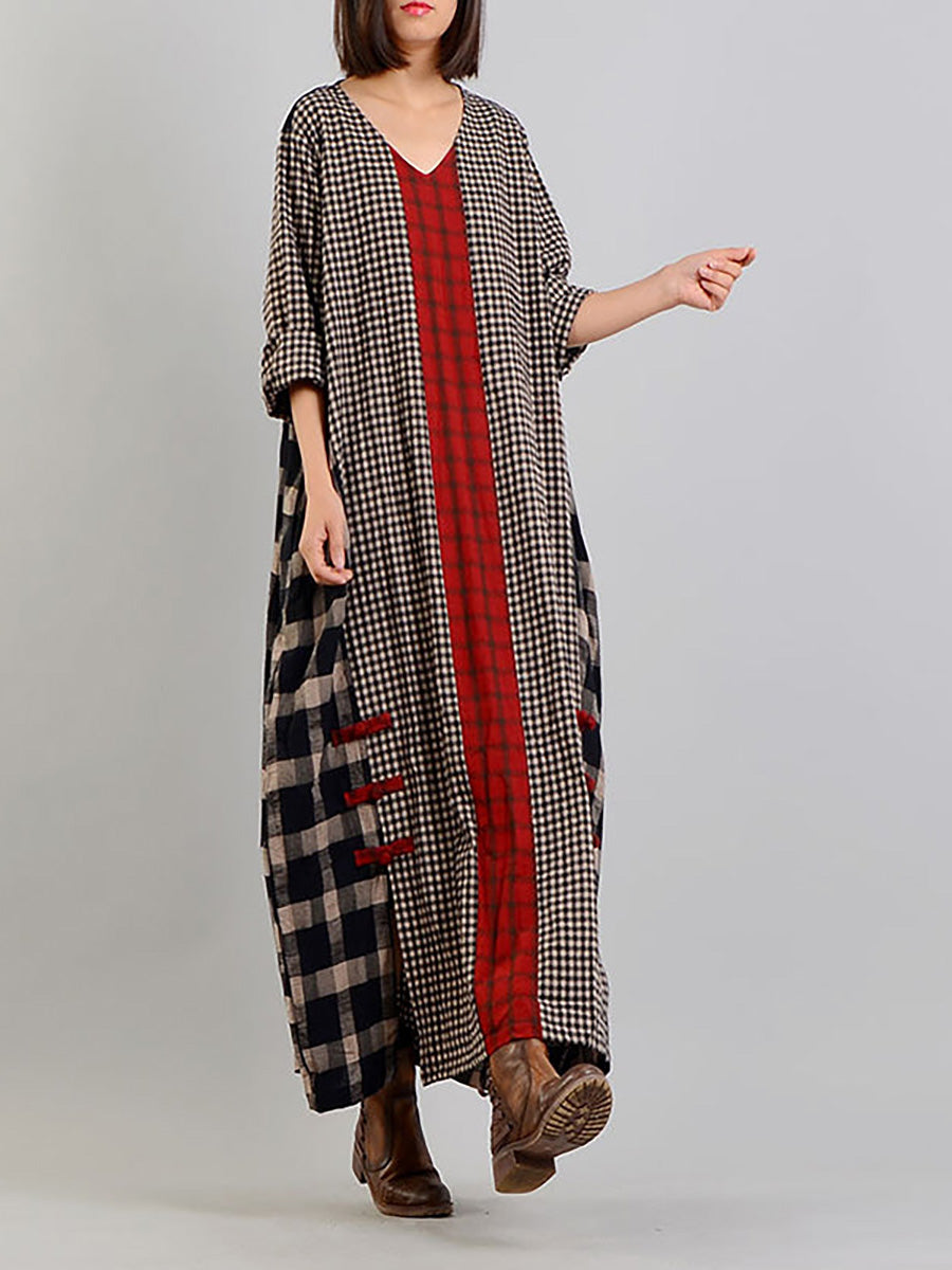 Übergröße, verschiedenfarbiges kariertes Retro-Kleid aus Baumwollleinen