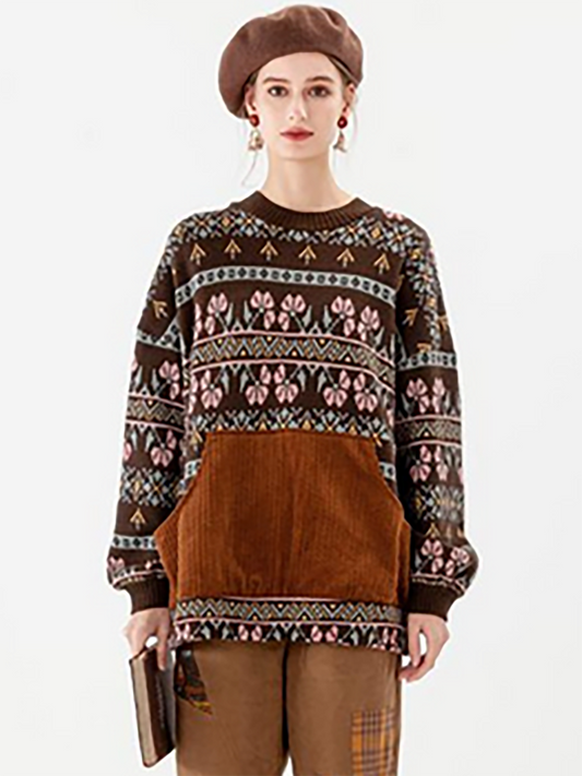 PLUS Größe - Gestrickter Vintage-Pullover mit geometrischen Taschen