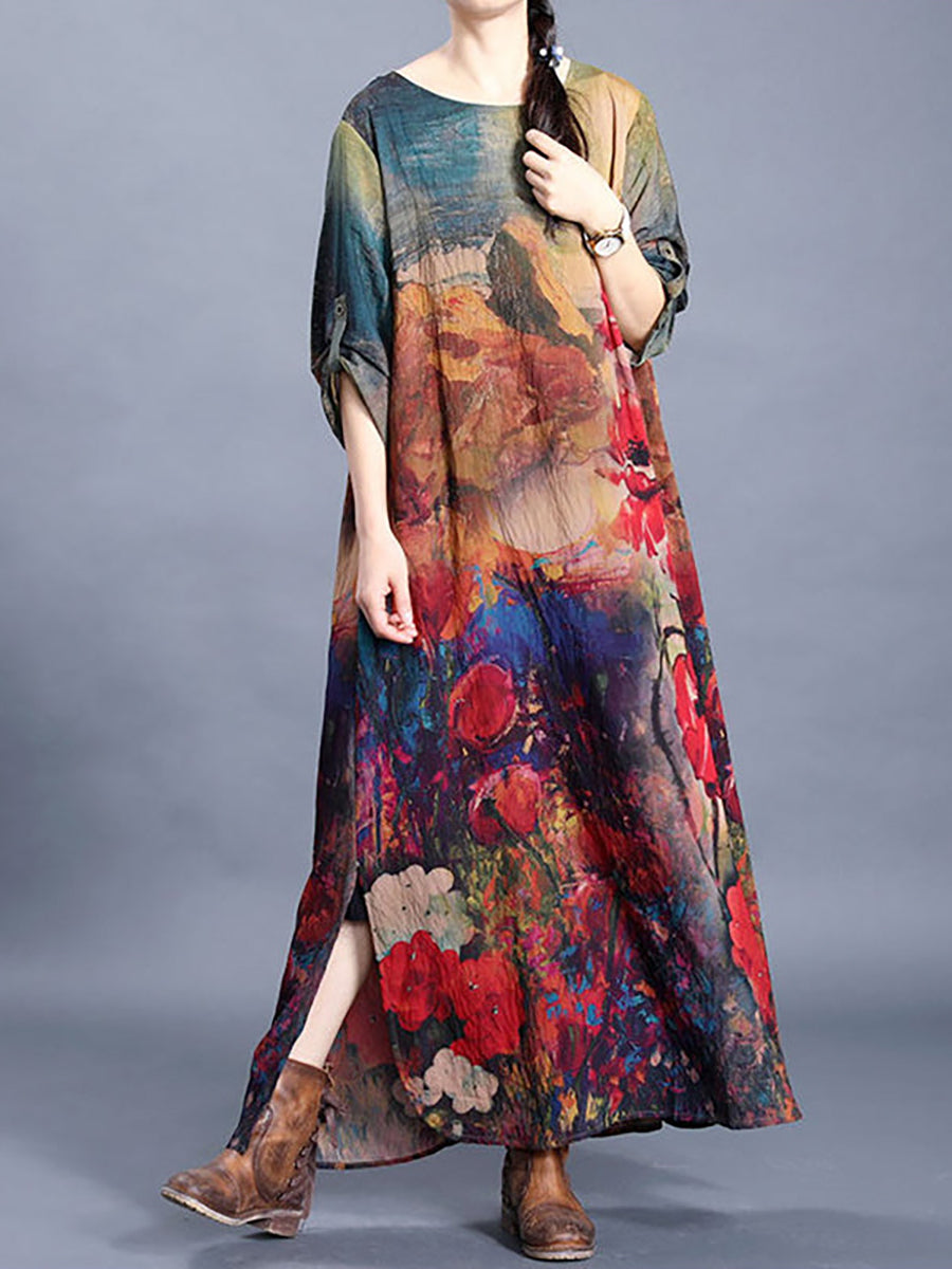 Große Größen - Seidenkleid mit Blumenmuster und Schlitz am Saum im Retro-Stil