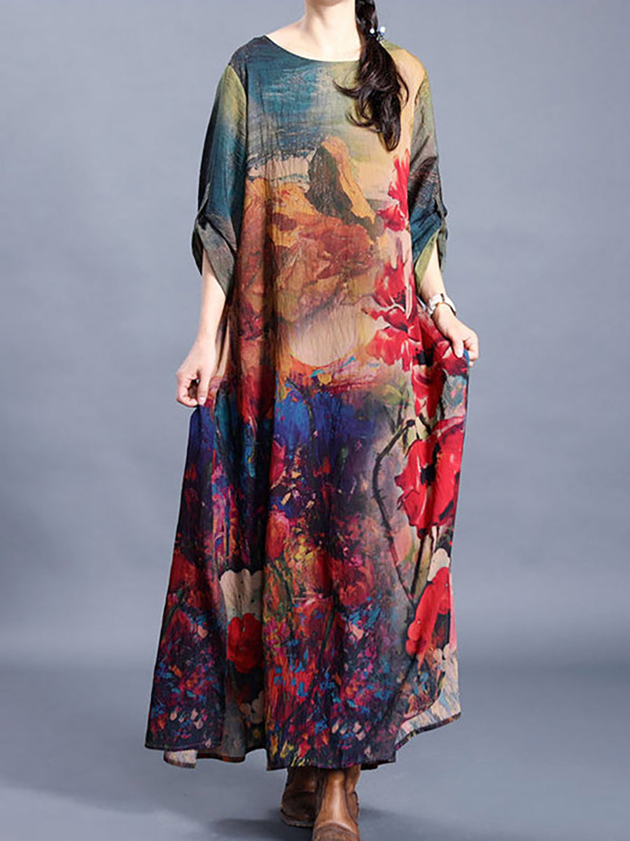 Große Größen - Seidenkleid mit Blumenmuster und Schlitz am Saum im Retro-Stil