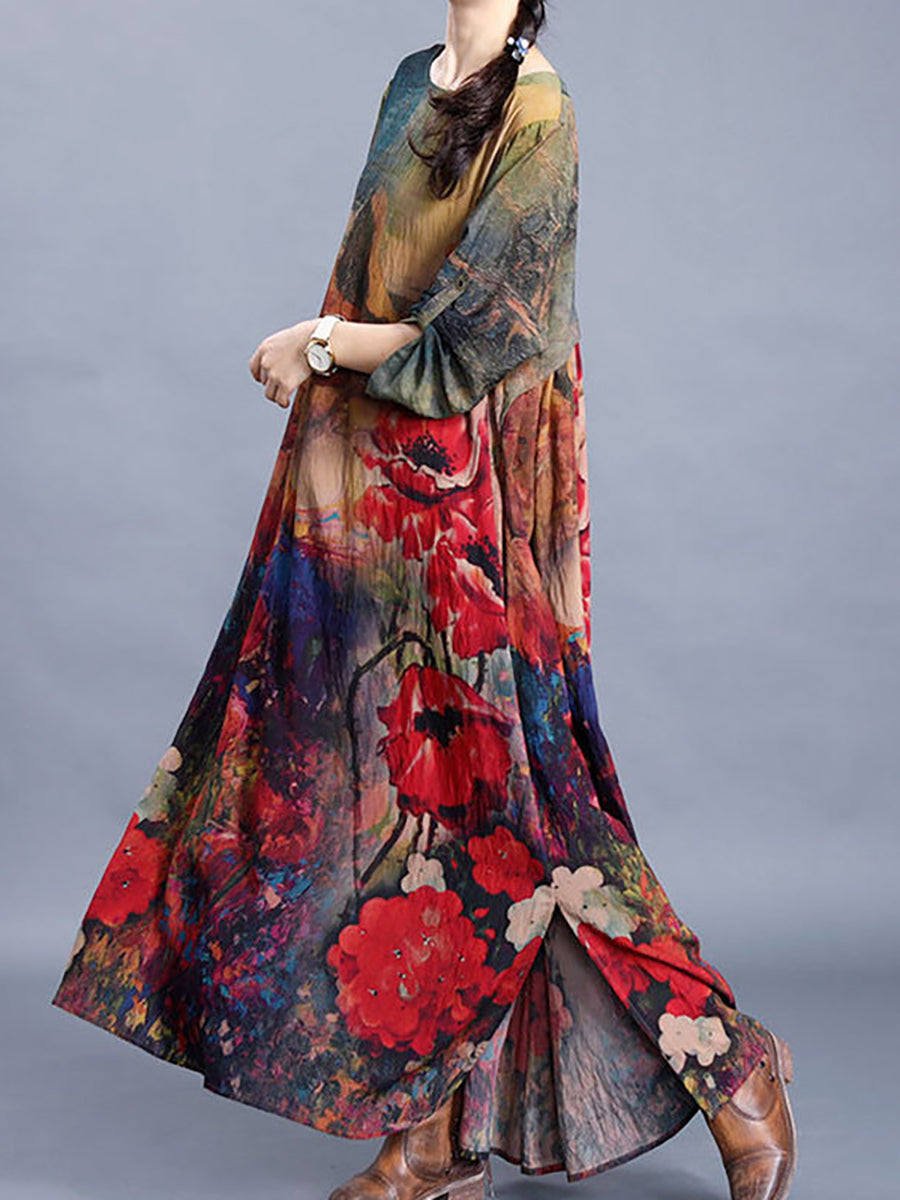 Große Größen - Seidenkleid mit Blumenmuster und Schlitz am Saum im Retro-Stil