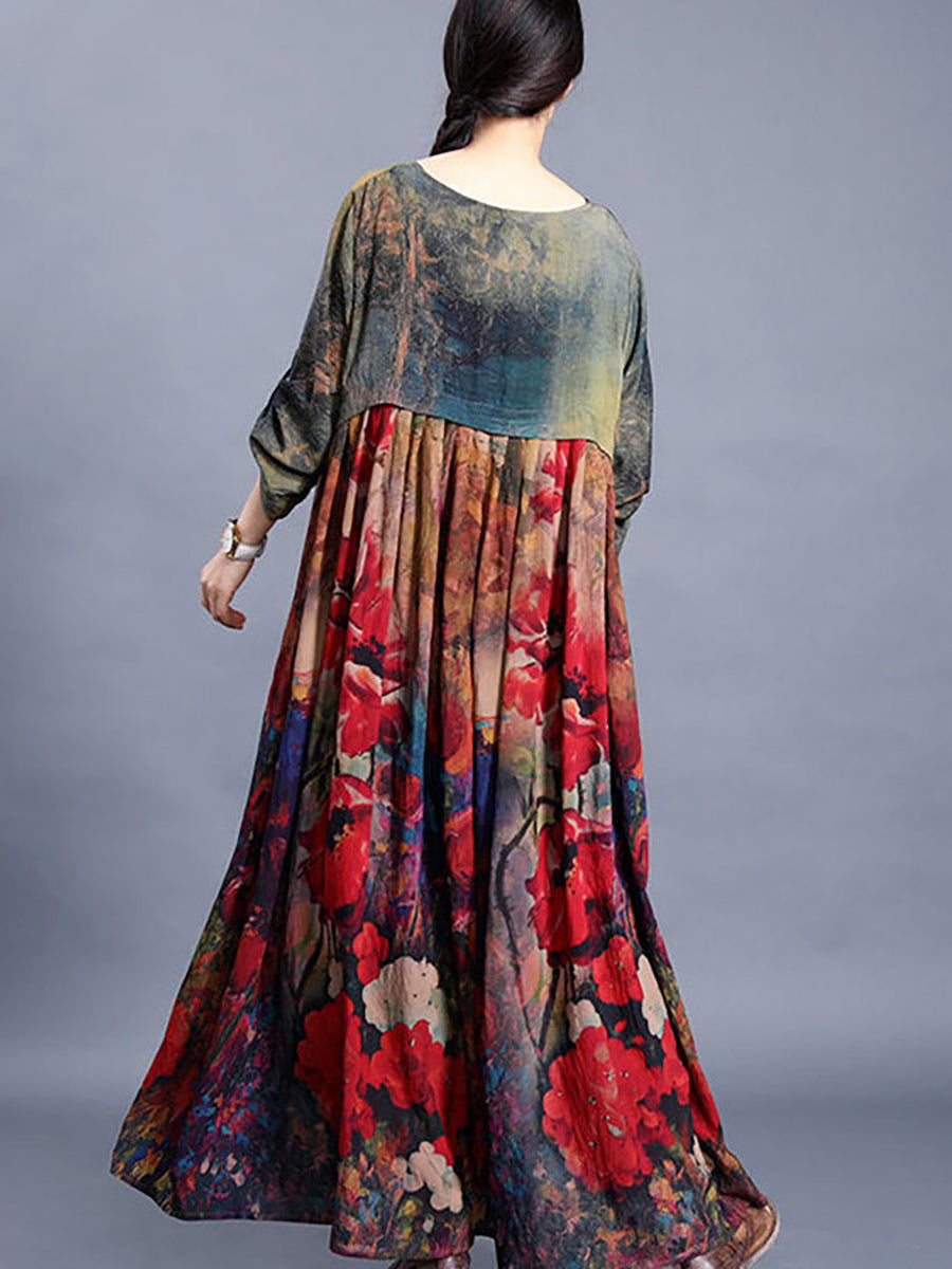 Große Größen - Seidenkleid mit Blumenmuster und Schlitz am Saum im Retro-Stil