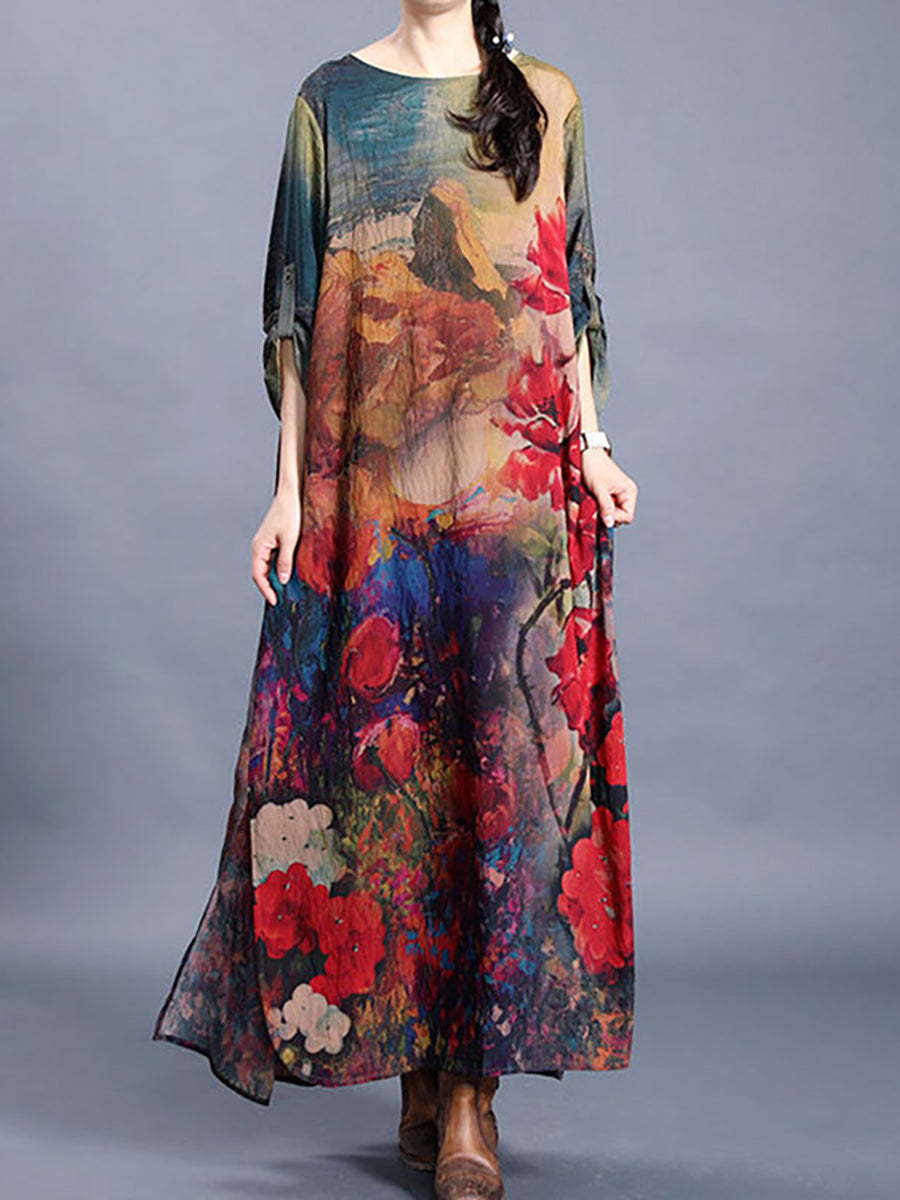 Große Größen - Seidenkleid mit Blumenmuster und Schlitz am Saum im Retro-Stil