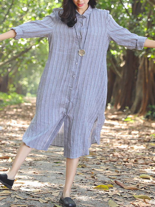 Plus Size Literature Seitenschlitz Polokragen Einreihiges Streifen Damenkleid