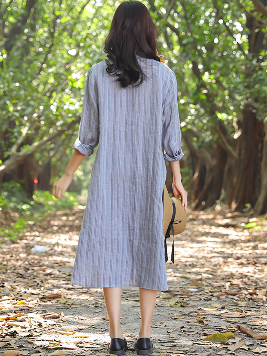Plus Size Literature Seitenschlitz Polokragen Einreihiges Streifen Damenkleid