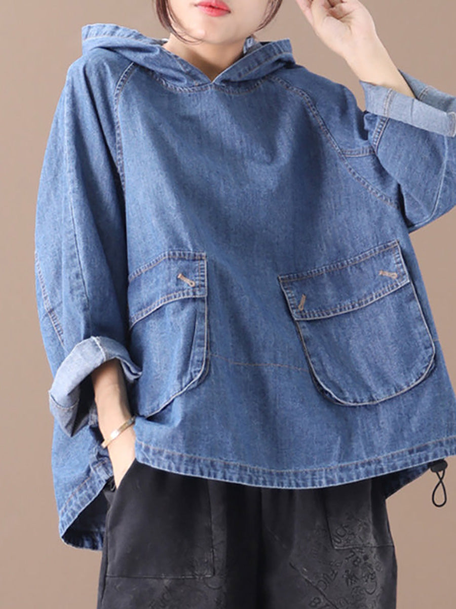 Lockerer, einfarbiger Denim-Hoodie mit Kordelzug in Übergröße