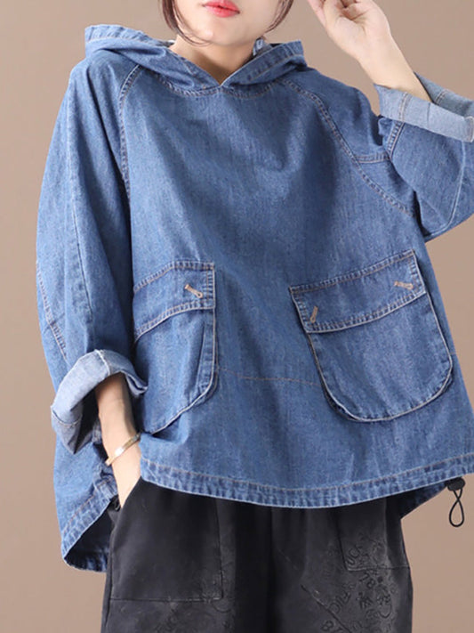 Lockerer, einfarbiger Denim-Hoodie mit Kordelzug in Übergröße