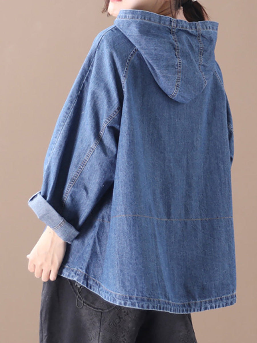 Lockerer, einfarbiger Denim-Hoodie mit Kordelzug in Übergröße