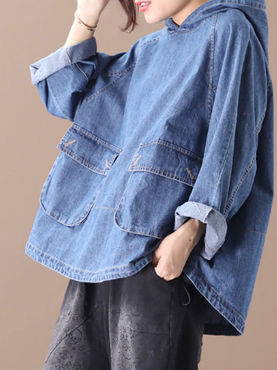 Lockerer, einfarbiger Denim-Hoodie mit Kordelzug in Übergröße