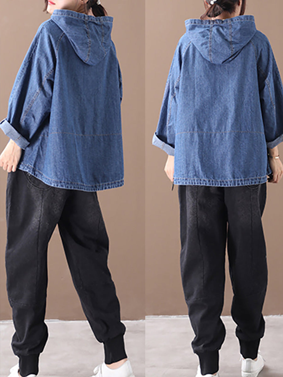 Lockerer, einfarbiger Denim-Hoodie mit Kordelzug in Übergröße