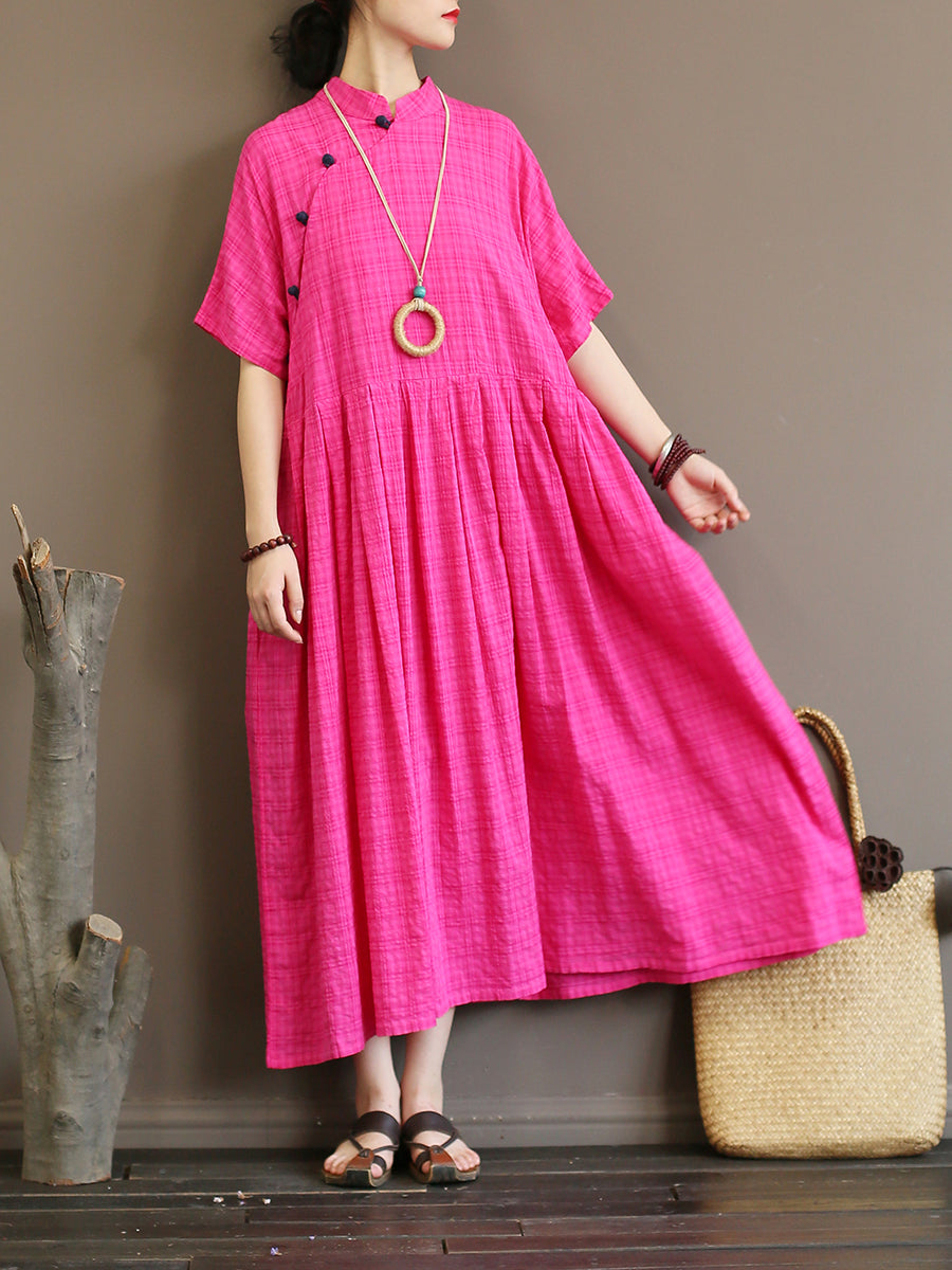 Übergröße Plissee Plaid Vintage Damen Kleid im chinesischen Stil
