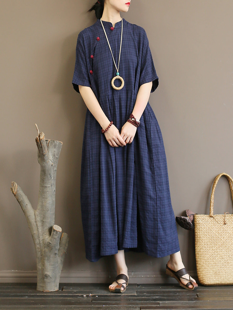 Übergröße Plissee Plaid Vintage Damen Kleid im chinesischen Stil