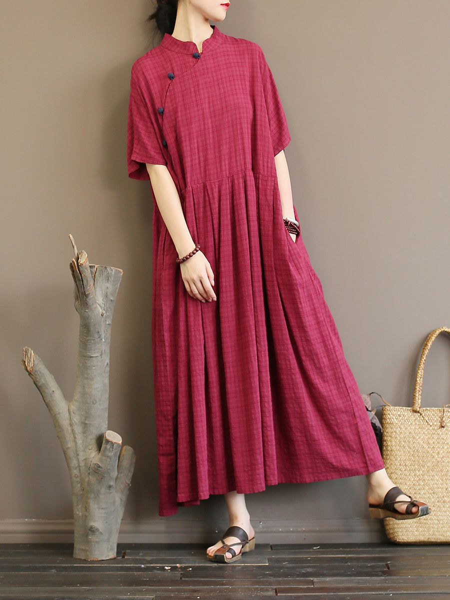 Übergröße Plissee Plaid Vintage Damen Kleid im chinesischen Stil