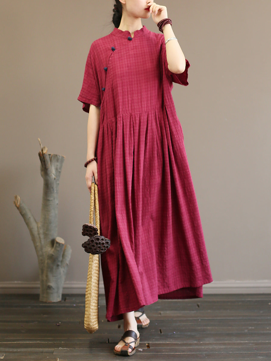 Übergröße Plissee Plaid Vintage Damen Kleid im chinesischen Stil