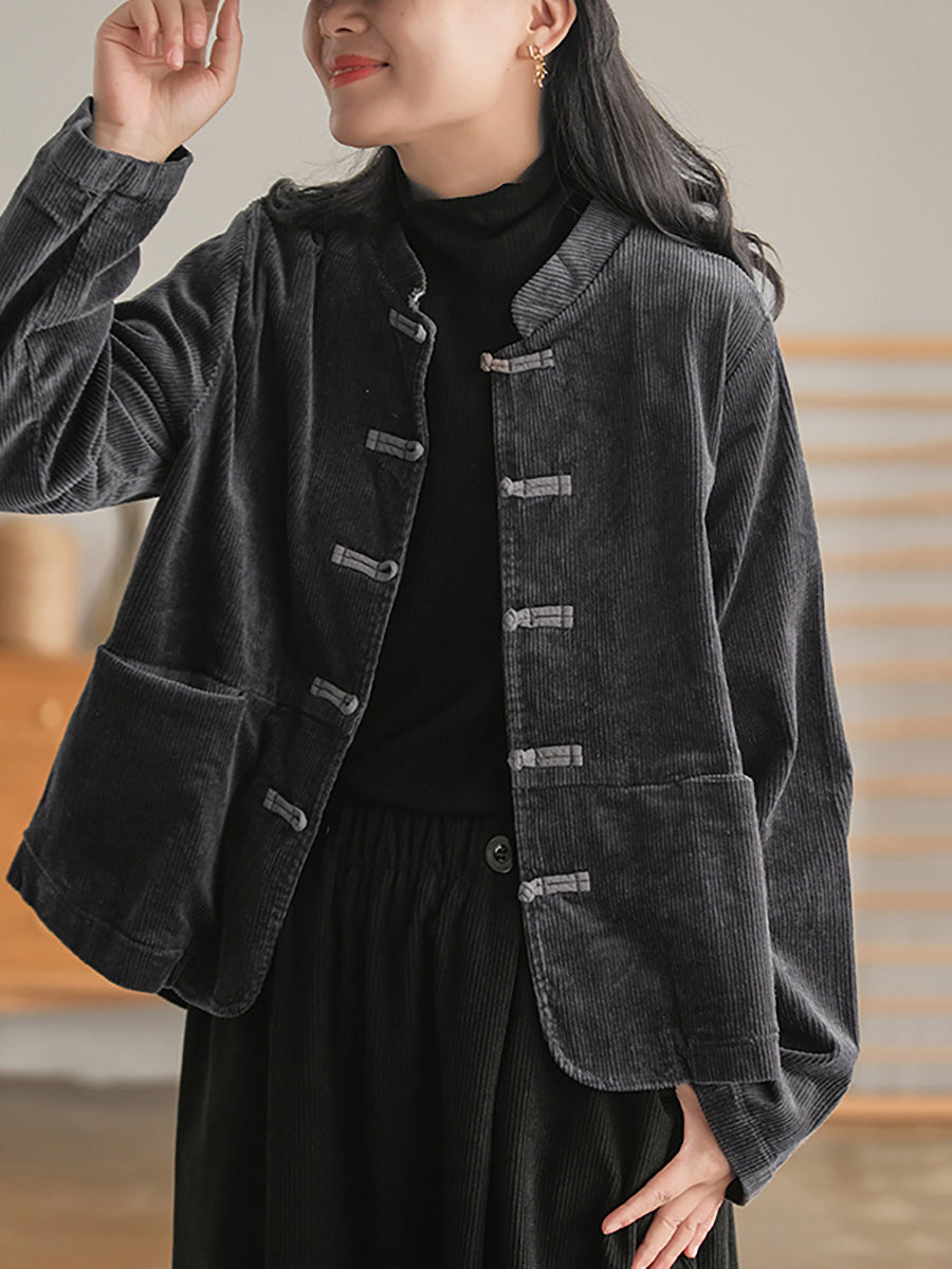 Manteau décontracté vintage en velours côtelé grande taille pour femme avec poche poitrine