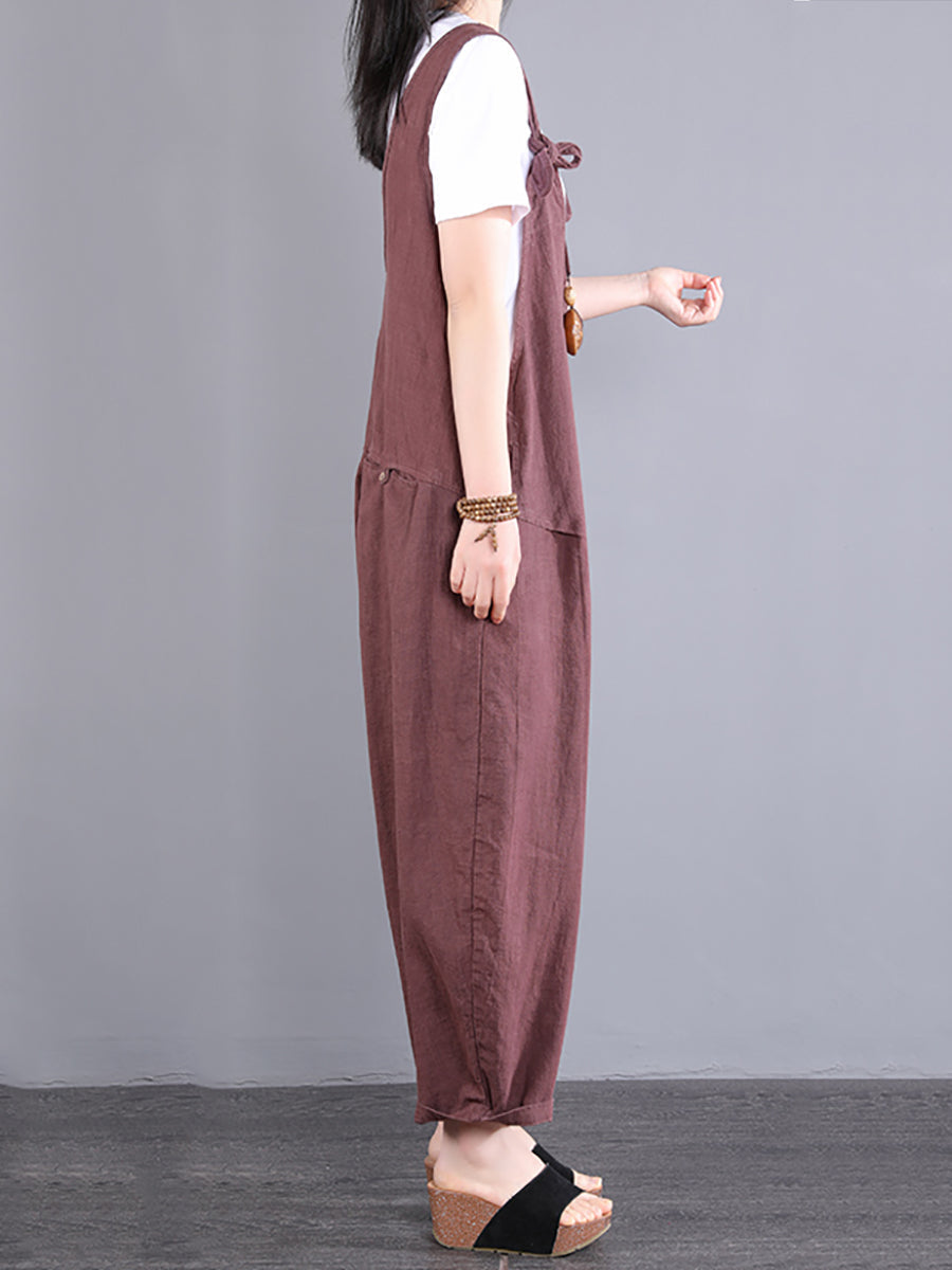 Übergröße Damen Vintage Knoten V-Ausschnitt Ramie Loose Jumpsuits