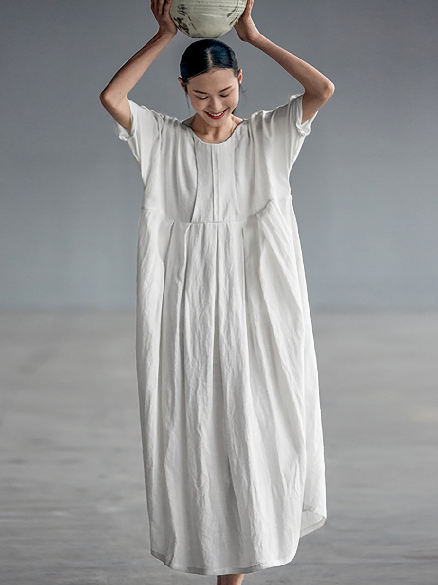 Elegantes, plissiertes, lockeres Leinenkleid im chinesischen Stil in Übergröße