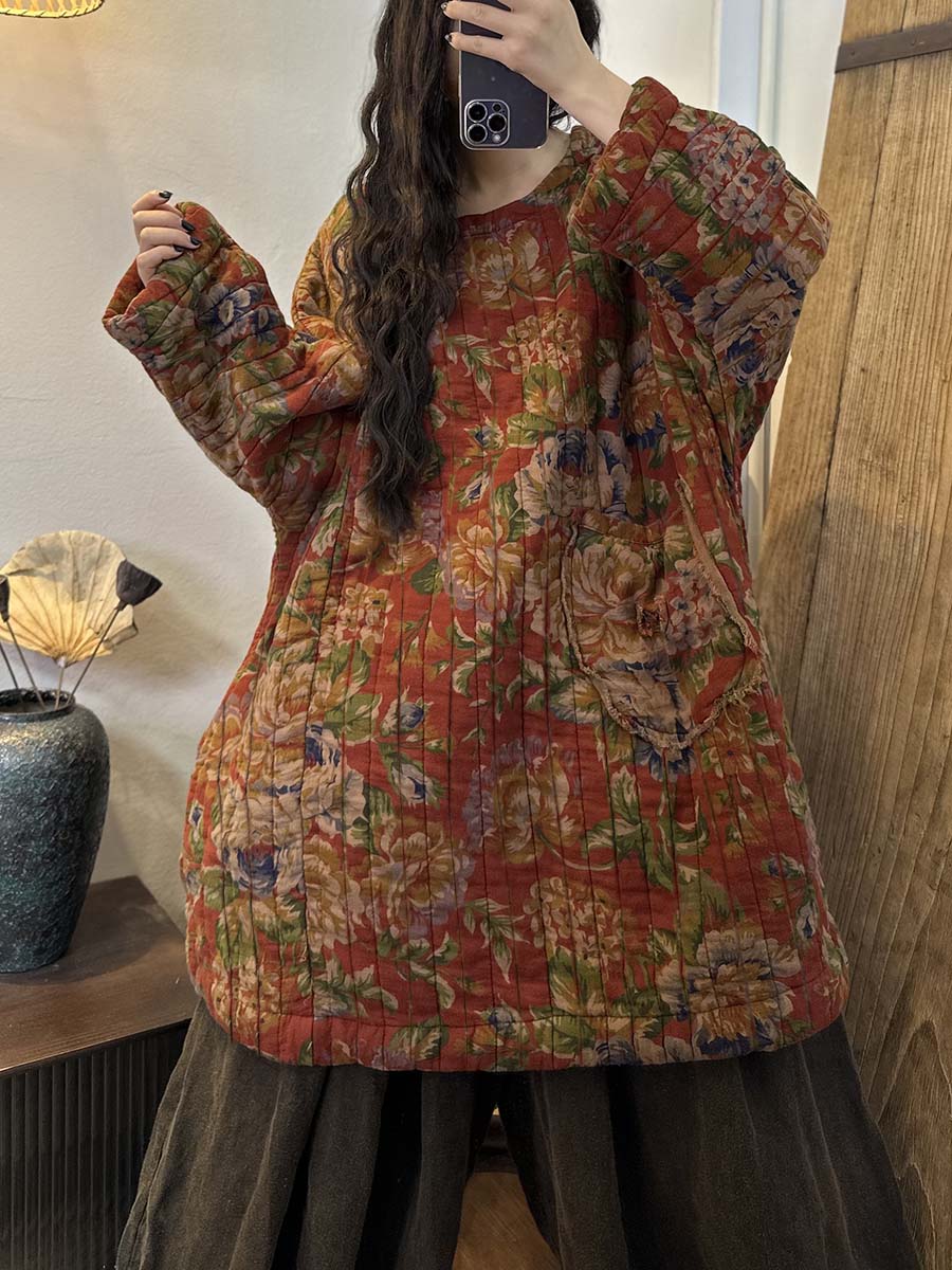 Plus Size Damen Winter Ethnischer Blumendruck Tasche Lockerer Warmer Mantel