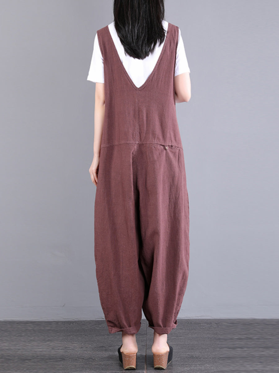 Übergröße Damen Vintage Knoten V-Ausschnitt Ramie Loose Jumpsuits