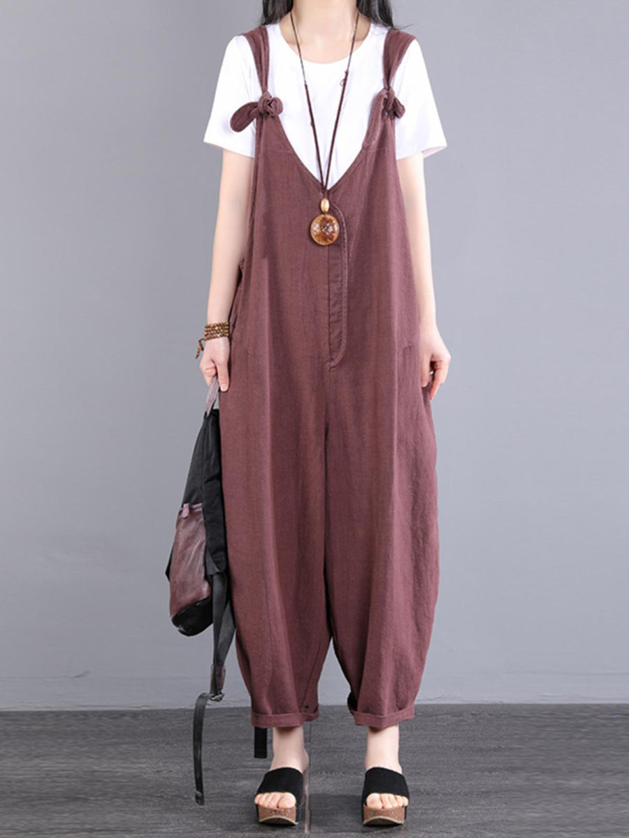 Übergröße Damen Vintage Knoten V-Ausschnitt Ramie Loose Jumpsuits
