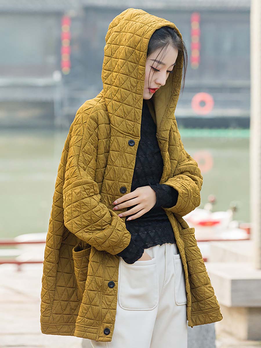 Übergröße Damen Winter lässiger Mantel mit Knopftasche und Kapuze