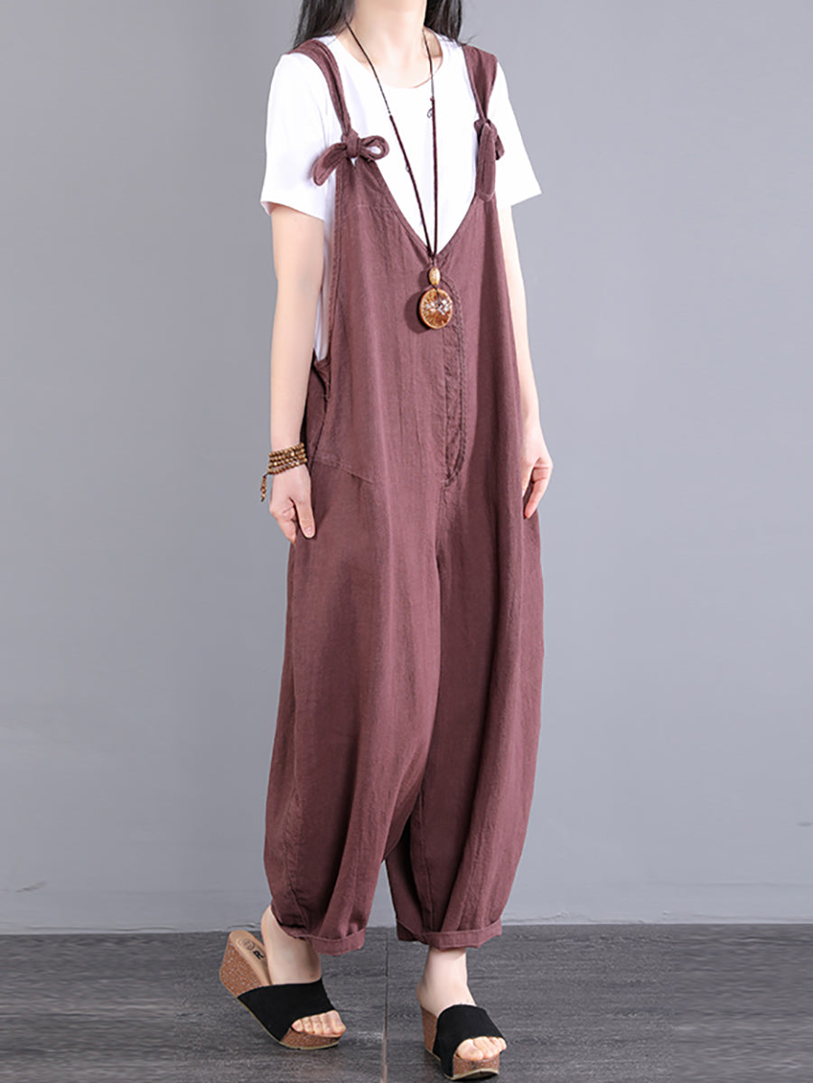Übergröße Damen Vintage Knoten V-Ausschnitt Ramie Loose Jumpsuits