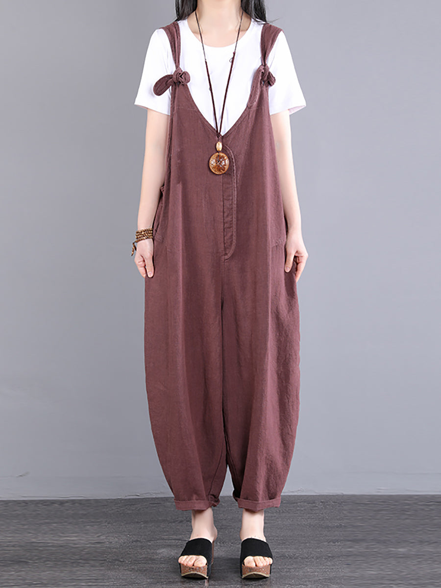 Übergröße Damen Vintage Knoten V-Ausschnitt Ramie Loose Jumpsuits