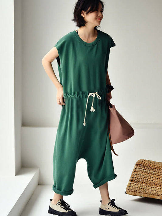 Übergröße – Jumpsuits aus 100 % Baumwolle, einfarbig, mit Kordelzug