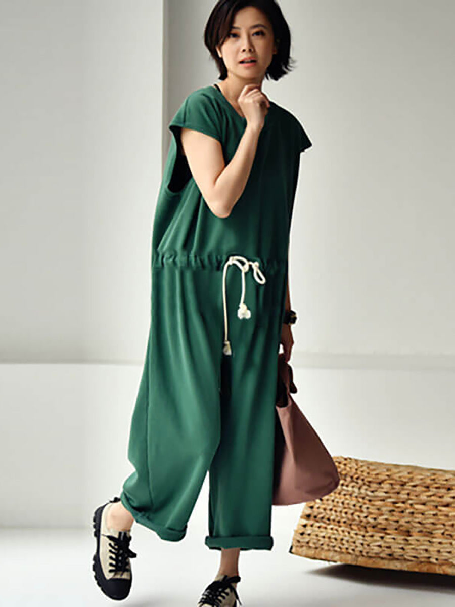 Übergröße – Jumpsuits aus 100 % Baumwolle, einfarbig, mit Kordelzug