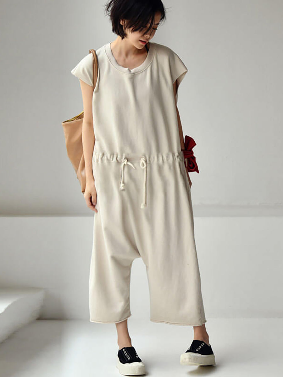 Übergröße – Jumpsuits aus 100 % Baumwolle, einfarbig, mit Kordelzug