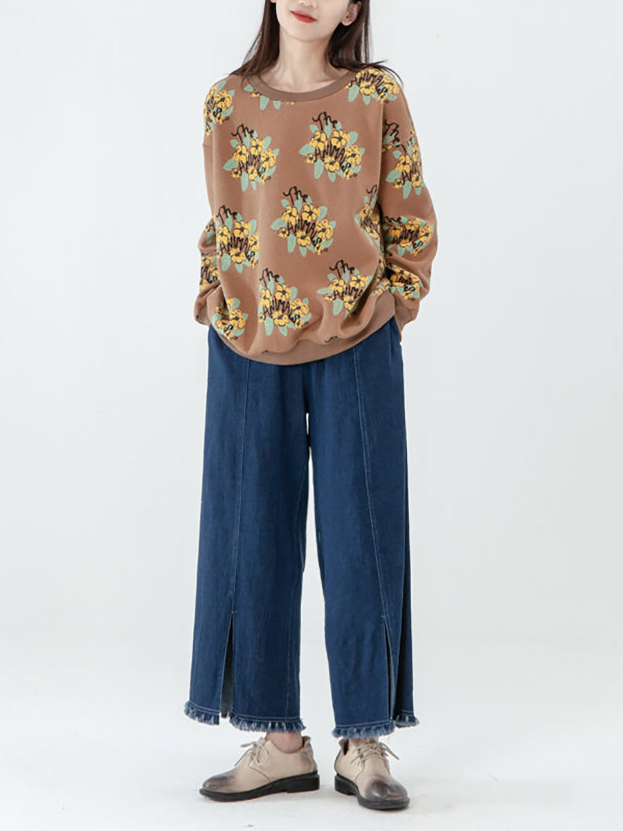 Übergröße - Langarm-Sweatshirt aus Baumwolle für Damen mit Blumenmuster