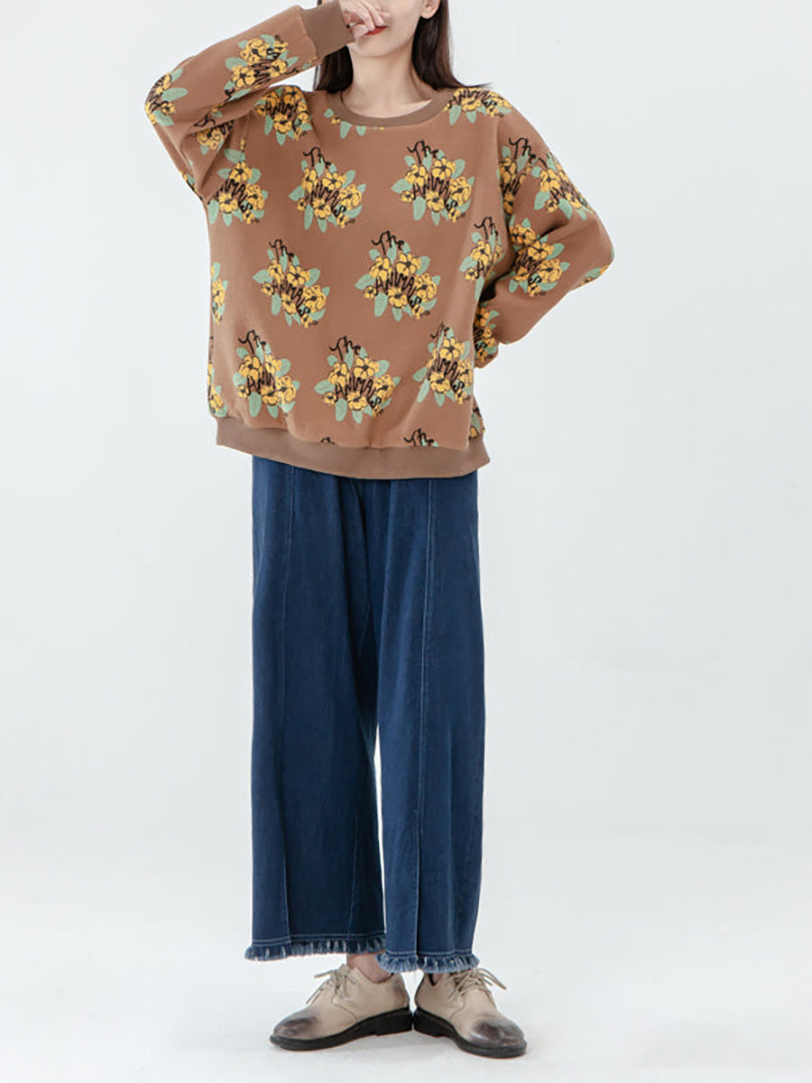 Übergröße - Langarm-Sweatshirt aus Baumwolle für Damen mit Blumenmuster