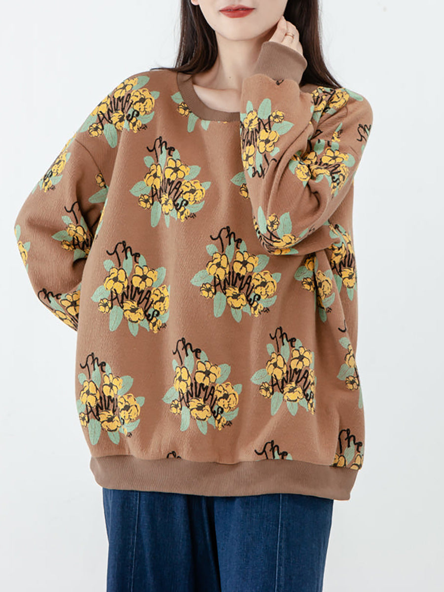 Übergröße - Langarm-Sweatshirt aus Baumwolle für Damen mit Blumenmuster
