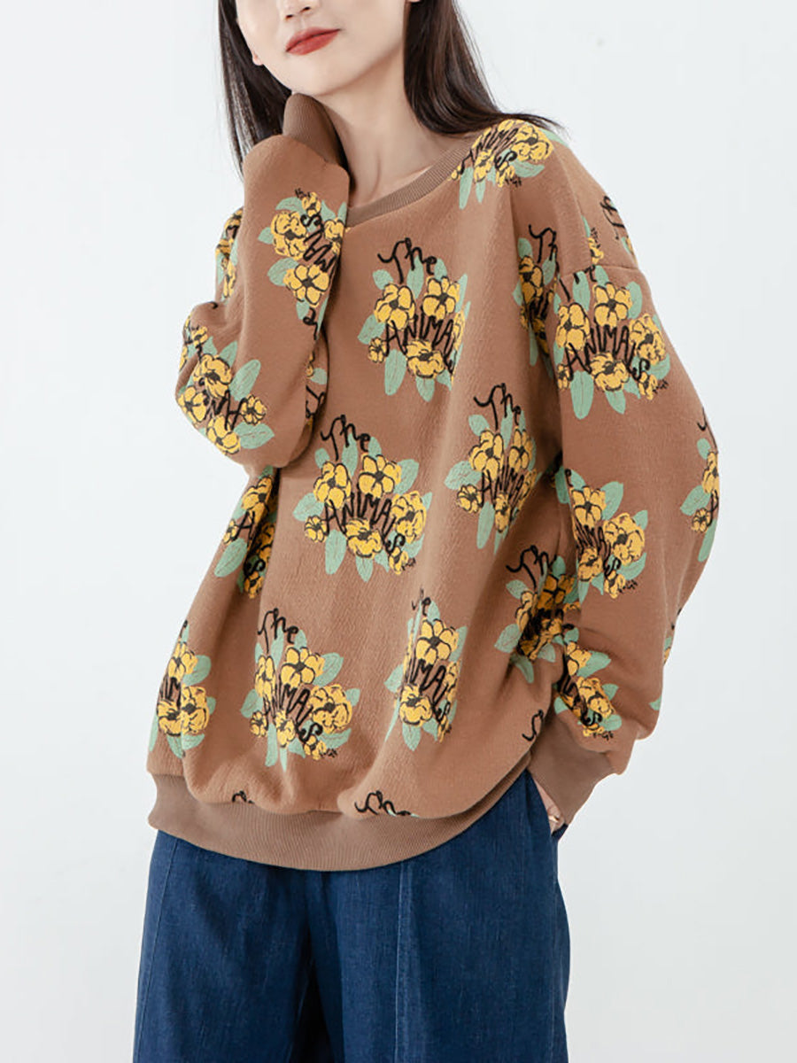 Übergröße - Langarm-Sweatshirt aus Baumwolle für Damen mit Blumenmuster