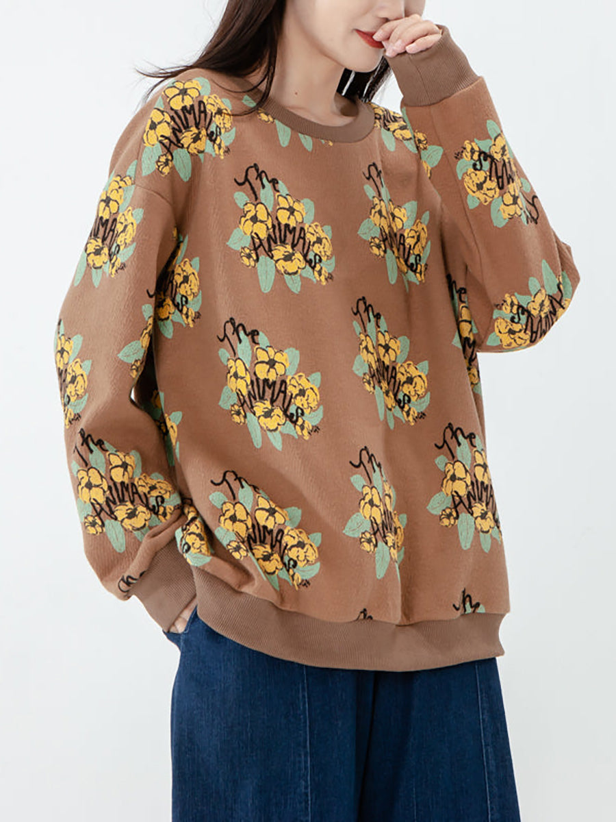Übergröße - Langarm-Sweatshirt aus Baumwolle für Damen mit Blumenmuster