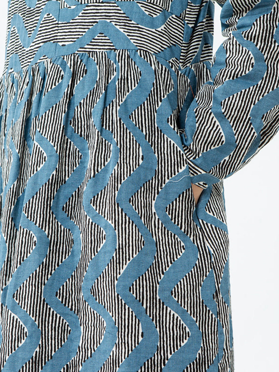 Übergröße - Langärmliges Kleid aus Baumwolle mit Streifen und Tasche für Damen