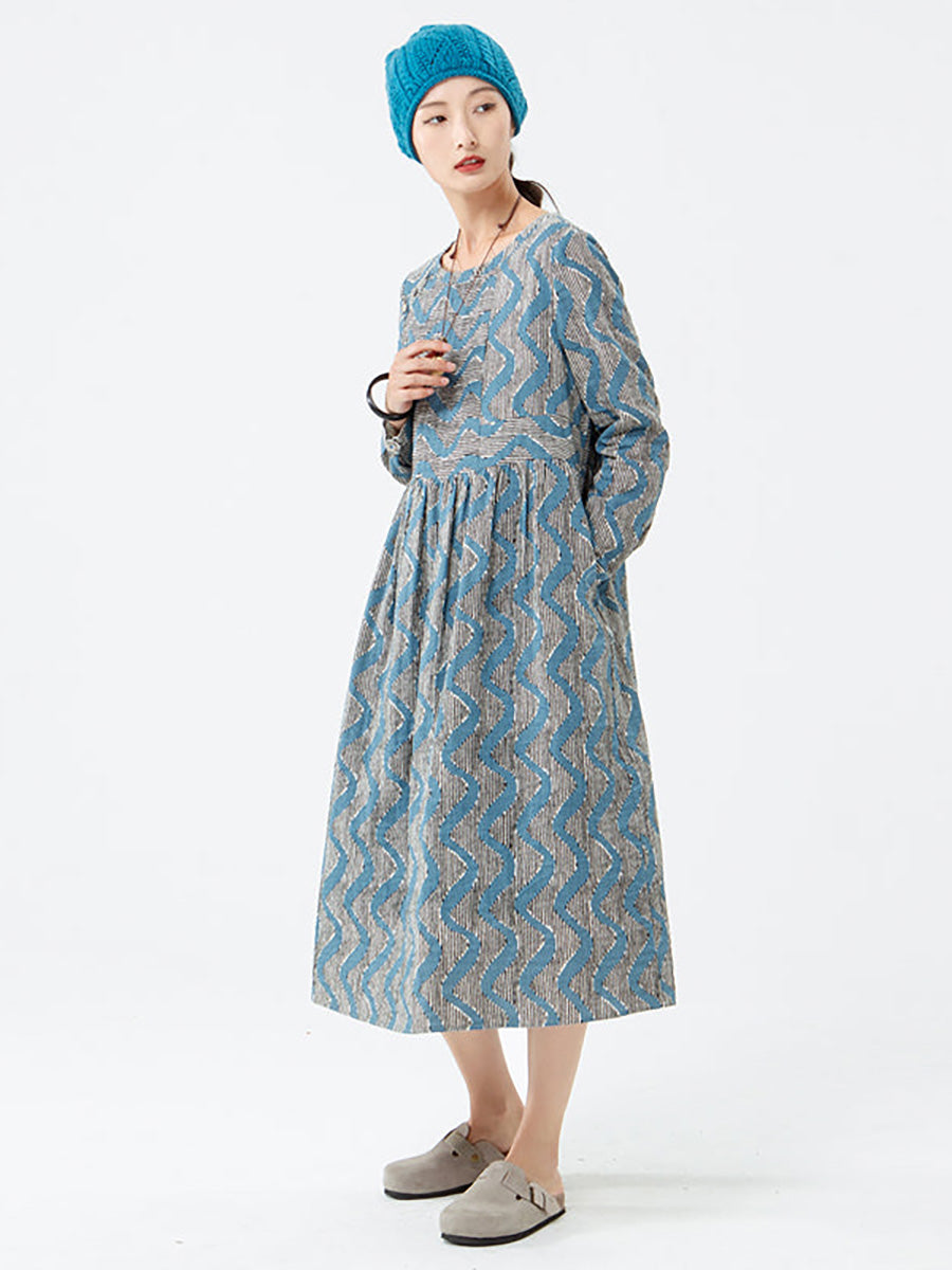 Übergröße - Langärmliges Kleid aus Baumwolle mit Streifen und Tasche für Damen