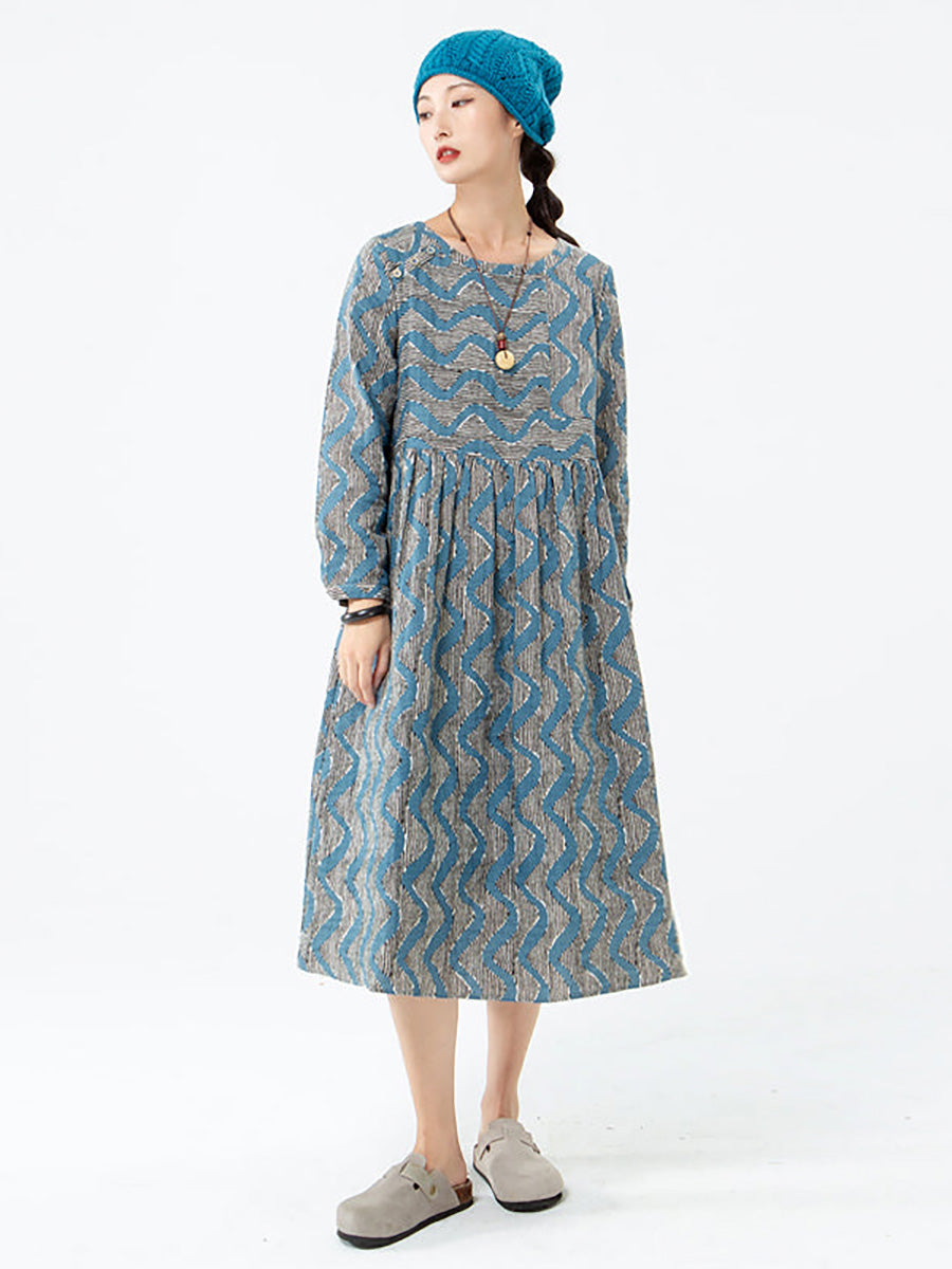 Übergröße - Langärmliges Kleid aus Baumwolle mit Streifen und Tasche für Damen