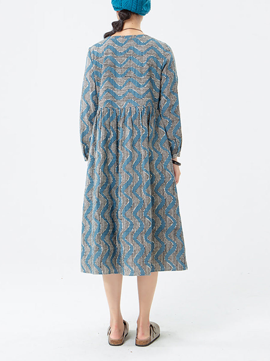 Übergröße - Langärmliges Kleid aus Baumwolle mit Streifen und Tasche für Damen