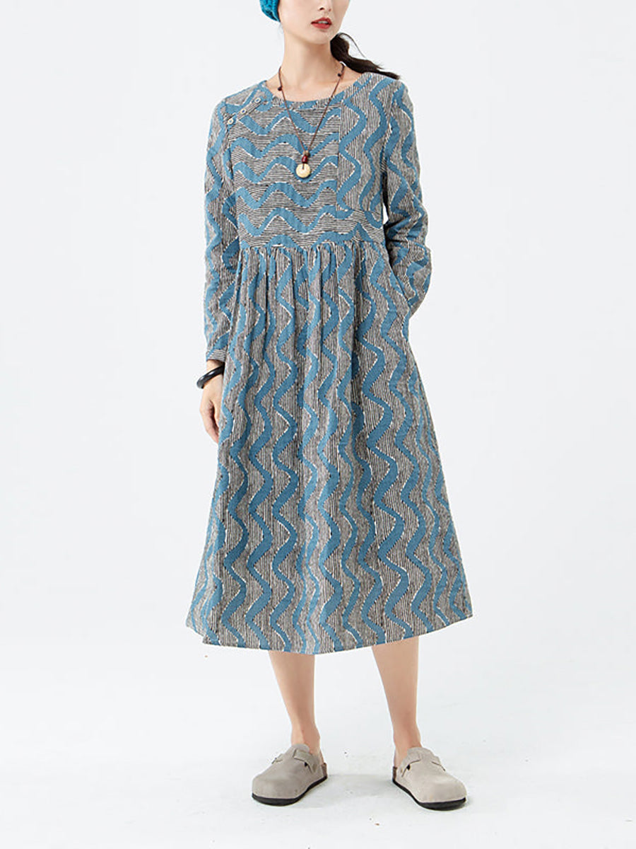 Übergröße - Langärmliges Kleid aus Baumwolle mit Streifen und Tasche für Damen