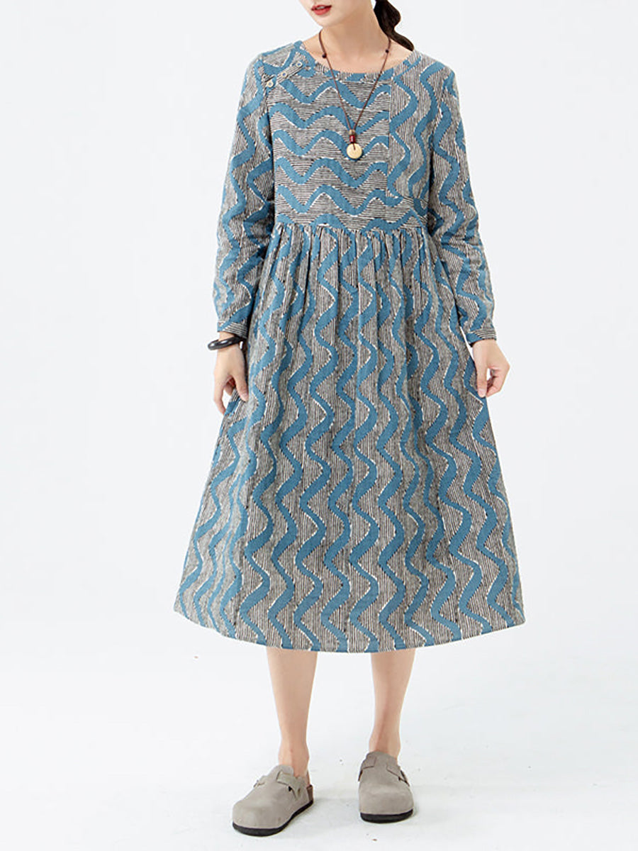 Übergröße - Langärmliges Kleid aus Baumwolle mit Streifen und Tasche für Damen