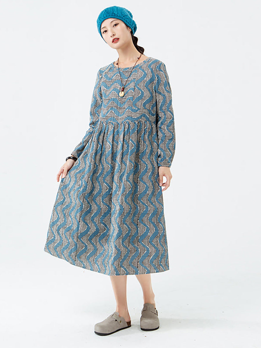 Übergröße - Langärmliges Kleid aus Baumwolle mit Streifen und Tasche für Damen
